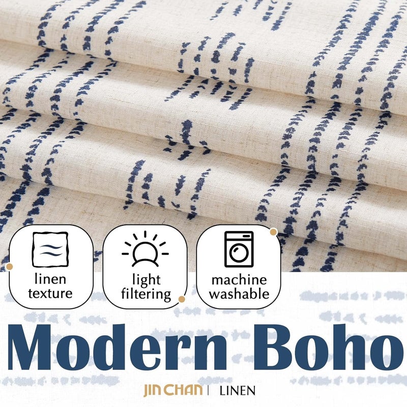 jinchan Boho Stripe Kitchen Curtains and Valance Set Linen Tier Curtains Bohemian Small Window Drapes 36 Inch for Cafe Living Room Bathroom Window Treatments Rod Pocket 3 Pieces Set Blue on Beige - Image 4